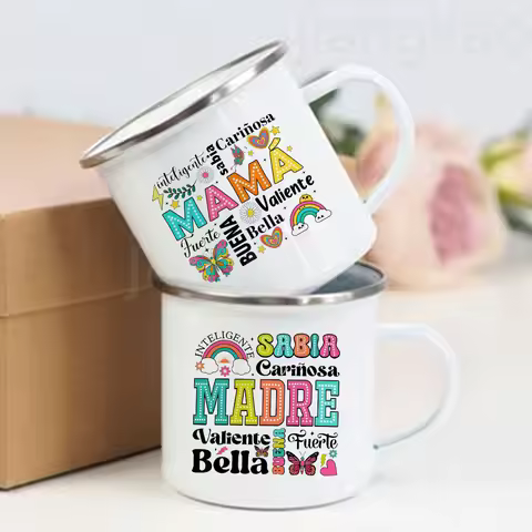 Intelligent Loving Brave Mother Spanish Print Enamel Coffee Mug Drinks Milk Cup Camping Mugs Birthda