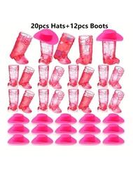 32入組迷你牛仔粉紅帽子靴子杯子塑膠牛仔派對用品西部塑膠杯子，適用於牛仔舞會裝飾、單身派對粉紅靴子杯(20帽+12靴)