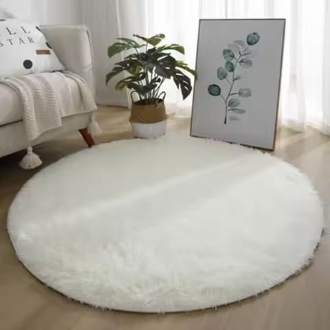 VIKAMA Ins White Round Carpet, Furry Floor Mat, Living Room, Home Blanket, Bedroom, Indoor Room, Plu