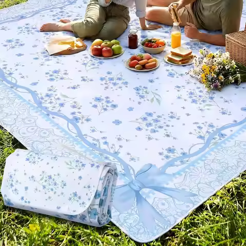 Floral Extra Large Picnic Blanket 79''x79'' Blue Waterproof Foldable Blankets Sandproof Picnic Mat f