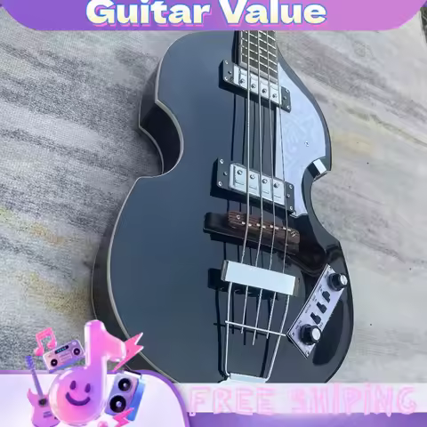 4 String Violin Electric Bass Guitar Beatle Bas Gloss Black Hollow Body White Pearl Pickguard Vintag
