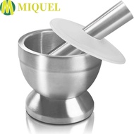 MIQUEL Mortar and Pestle, with Lid Sturdy Spice Grinder, Easy To Use Double Stainless Steel Durable Rust Resistant Garlic Pounder Kitchen Utensil