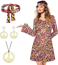4 Pcs Women's 70s Costume Set Hippie Costume Dress Outfit Peace Sign Necklace Earring Headband Carnival Halloween Dress Party