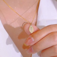 Titanium Steel Necklace 2024 Fashion Gold Branch Jade Leaf Necklace Female Niche High-End Full Diamo