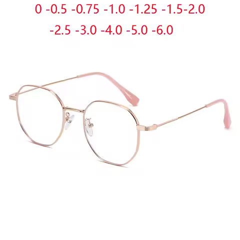 Metal Student Polygon Nearsighted Glasses For Women Men Rose Gold Frame Minus Sight Eyeglasses Presc