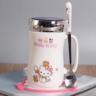 【上品居家生活】白色玩具 Hello Kitty 凱蒂貓 創意鏡面蓋 卡通風格陶瓷杯帶小湯匙/小勺子 (420ml)