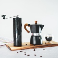 สีดำด้ามไม้ ชุดกาต้มกาแฟ 3 คัพ +เครื่อบดเมล็ดกาแฟ พกพา (หม้อต้มกาแฟสด + เครื่องบด)