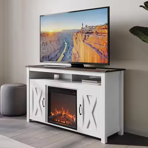 Modern 48" Barn Door Wood TV Stand with 18" Electric Fireplace Heater & Media Entertainment Center C