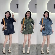 Women's Jeans Set with Stone Rabbit Embroidery, German Collar Shirt with Shrimp Tail + Shorts Size 4