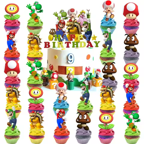 25pcs Mario Cake Topper、Cupcake Toppers, Mario Birthday Decorations，Mario Theme Party Supplies，Mario