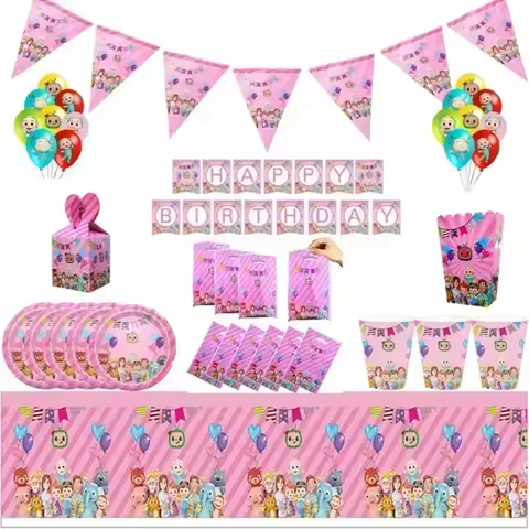 Pink Girl cocomelon Decoration Set Background Tableware Cup Knife Fork Background Baby Shower Suppli