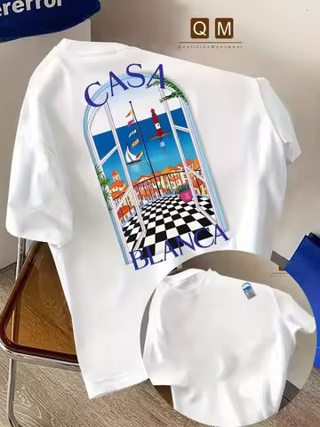 Men's Moroccan City Architecture Beach Print Pure Cotton T-Shirt with Casablanca Font - Sporty and C