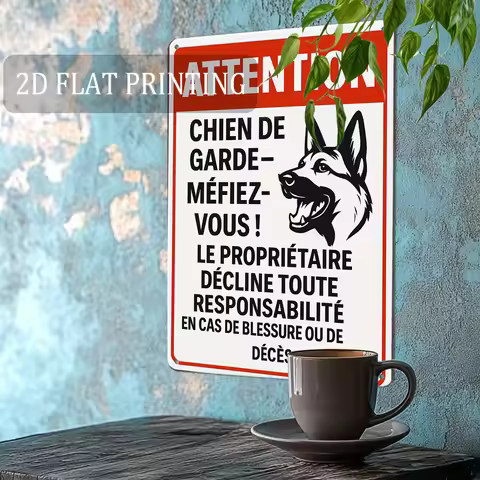 , Vintage Metal French Guard Dog Warning Sign - No Trespassing Humorous Bilingual Security Plaque, R