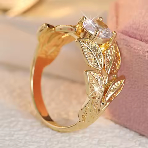 Fresh Forest Style Leaf Shaped Ring Inlay Synthetic Zircon Ornament Ladies' Exquisite Fashion Ring A
