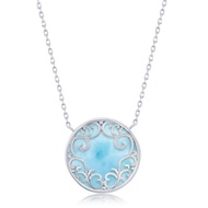 Beaux Bijoux Round Filigree Design Natural Larimar Gemstone Pendant | Sterling Silver 16+2” Necklace