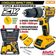 Allefix 21V 31pcs Accessories Cordless Impact Drill 2 Speed Gerudi Untuk Kayu Logam Cordless Drill