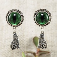 Green Glass Cat Eye Earrings Evil Eye Silver Cat Protection Earrings Jewelry