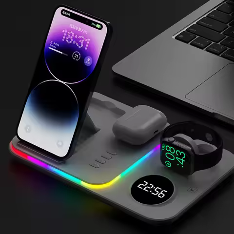 Wireless Charger Foldable Alarm Clock LED Light Dock For iPhone 17 16 15 Pro Max APPLE Watch 2-8 SE 
