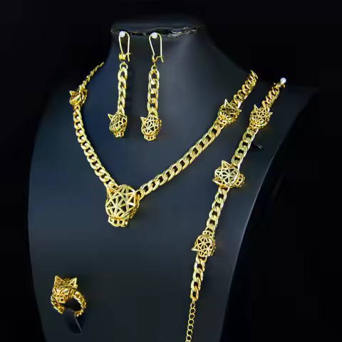 Luxury Dubai Gold Color Leopard Pendant Necklace Set 21k Gold Plated Italian Fashion Panther Chokers