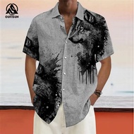 เสื้อเชิ้ตลายกราฟิกหมาป่าสำหรับผู้ชายเสื้อฮาวายแขนสั้นโอเวอร์ไซส์ชุดเดรสวินเทจลำลอง
