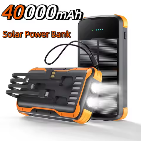 40000mAh Solar Power Bank Built in Cable 22.5W Fast Charger Portable Travel Poverbank External Batte