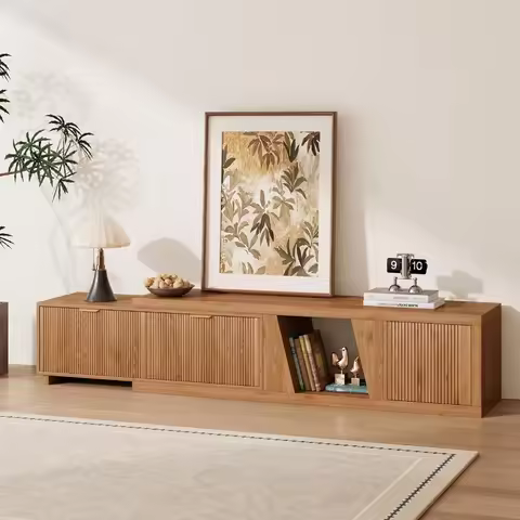 Recessed TV Stand with Storage Cabinets, 98.43-inch Large TV Stand, Wood, with Adjustable Shelves an