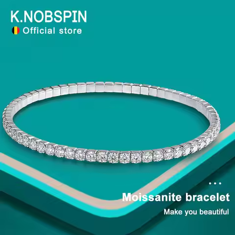 KNOBSPIN 3.84-6.4ct D VVS1 Moissanite Tennis Bracelet 2.5mm/3mm s925 Sterling Silver Elastic Tennis 