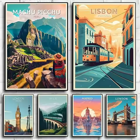 Machu Picchu Lisbon Vintage Travel Poster Canvas Print Retro City Tourism Wall Art for Living Room D