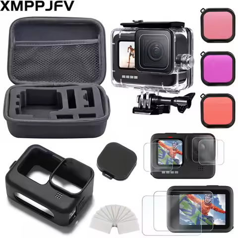 Accessories Kit for Gopro Hero 12 11 10 9 Black Carrying Waterproof Housing Case Tempered Glass Scre