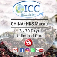 ICC_China Mainland/China+HK+Macau/China Mainland+HK 3-30 Days Sim Card Unlimited Data SIM Card-China