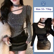 Women's Long Sleeve Round Neck T-shirt with Ruffled Waist, Pointed Flap, Luxurious Stone Applique, B