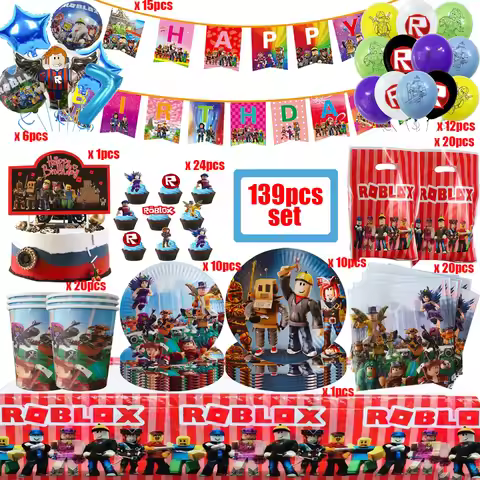 139PCS Roblox Birthday Decoration Party Kit Disposable Tableware Set Roblox Game Tablecloth Balloon 