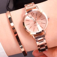 Chic 2pcs Women's Quartz Watch Set – Small Dial with Rose Bracelet & Classic Steel Strap
