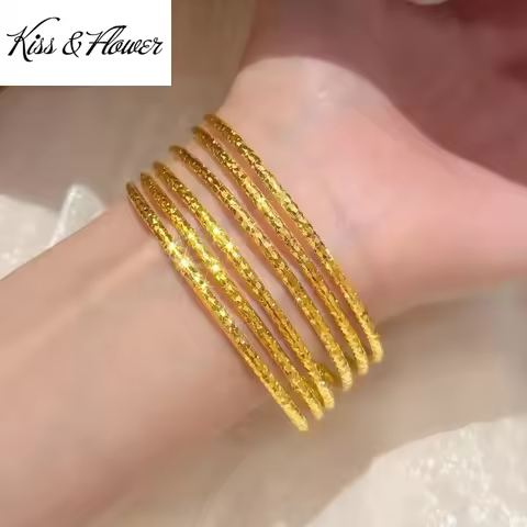 KISS&FLOWER 24KT Gold Shiny 2.5mm Bangle Bracelets For Women Wedding Party Birthday Christmas Bride 