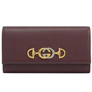 GUCCI 573612 ZUMI 雙G LOGO牛皮釦式發財長夾.酒紅