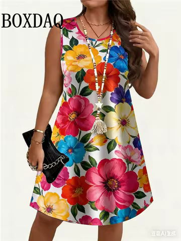 Women's Plus Size Floral Print Sleeveless A Line Dress Summer Vacation Style Dresses Y2k Ladies Clot