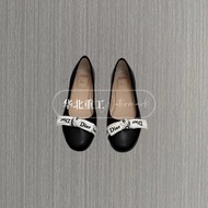Dior-Inspired Women's Leather Ballet Shoes - Bow Knot Design, Black Elastic Fit