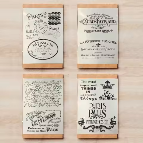 4Pcs/Lot A4 Vintage French Words Paris DIY Layering Stencils Painting Scrapbook Coloring Embossing A