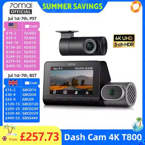 70mai Dash Cam 4K T800 with 4G Module UP04 Supercapacitor 3-Channel HDR Wifi 6 GPS Remote Control Re
