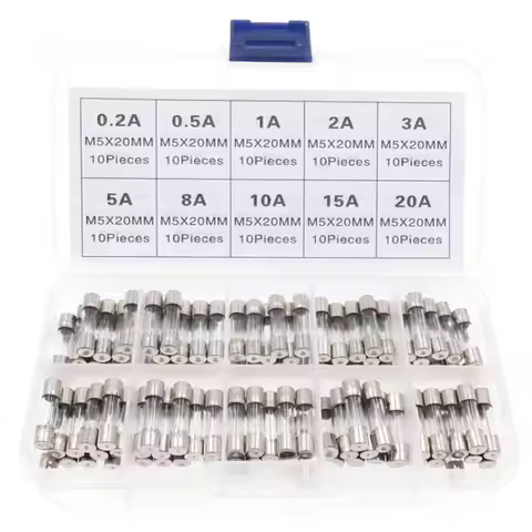100Pcs Fast-Blow Glass Fuses Assorted Kit 5x20mm 0.2x0.78 Inch F10AL250V 0.2A 0.5A 1A 2A 3A 5A 8A 10