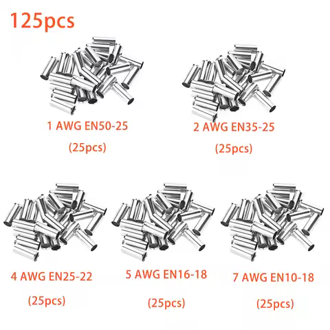 125pcs AWG Non Insulated Ferrule Copper Crimp Terminals Assortment for Wire Cable 1/2/4/5/7