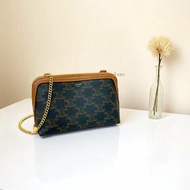 CELINE 棕色老花羊皮金鍊貝殼包