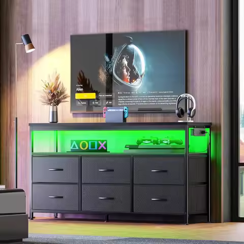 LED TV Stand for Bedroom, 47 Inch Dresser with Power Outlets, Entertainment Center for 55, 50, 43 In