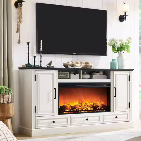 Fireplace TV Stand for 80 Inch TV, 35.7" Tall Farmhouse Entertainment Center W/36'' Electric Firepla