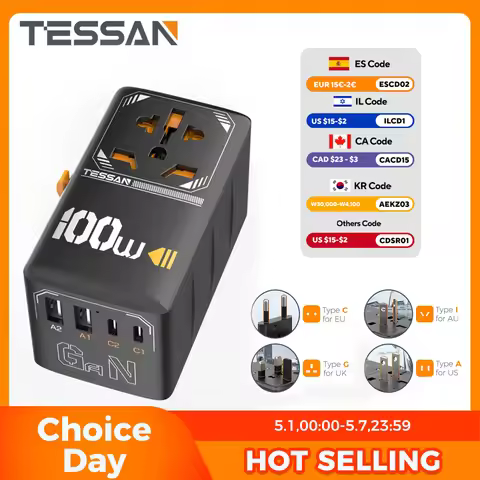 TESSAN 35W/65W/100W GaN Universal Travel Adapter with USB Ports Type C Fast Charging Power Adapter E