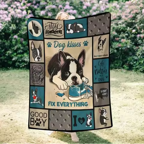 Boston Terrier Dog Pattern Cozy Throw Blanket, Lodge Style Cute Animal Couch Bed Warm Wrap, All Seas