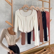 Long Sleeve Blouse with Knit Rib Premium Heejin Longsleeve Rib Top