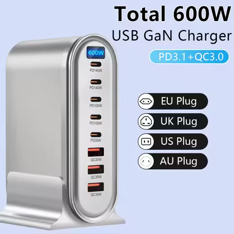 600W USB GaN Charger EU/AU/US/UK Plug Desktop GaN Charging Station 8 Ports Fast Charger For iPhone 1