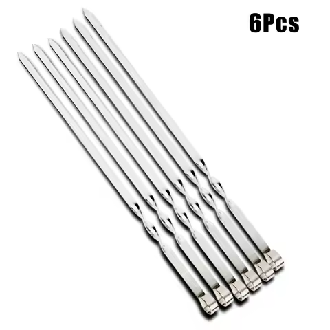 Wide BBQ Sticks BBQ Utensil Flat BBQ Fork Outdoor Camping Picnic Reusable Grill Sticks 6Pcs Stainles