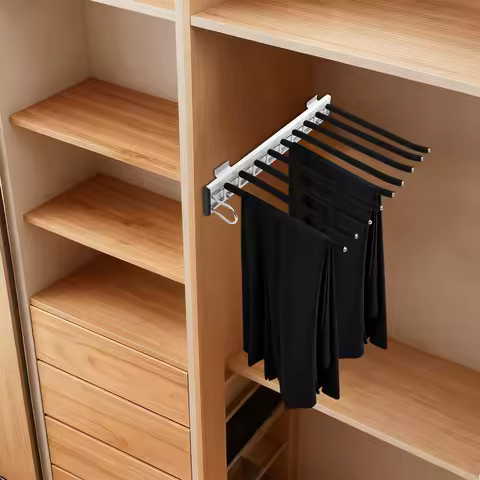 9 Rods Trouser Hanger Left Side Mounted Pants Organizer Rack Pull Out Sliding Trousers Holder Space 